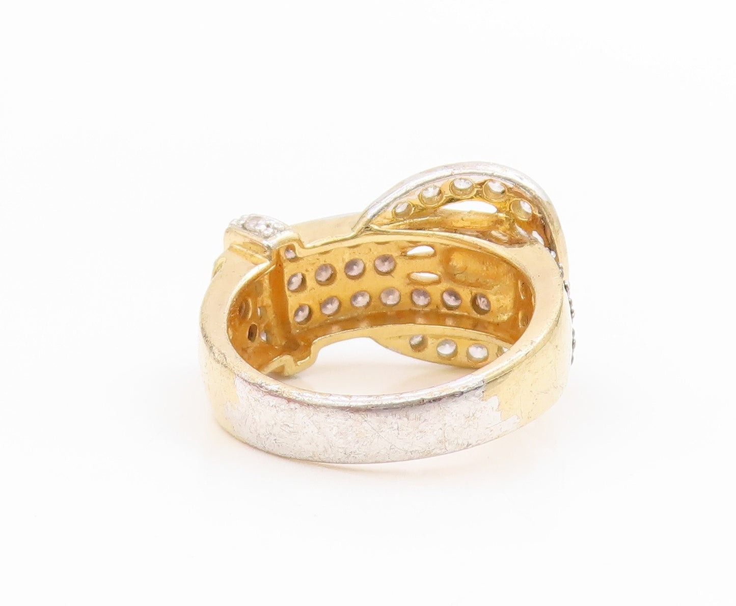 925 Sterling Silver Vintage Ring Gold Plated CZ Belt Buckle Design Sz 6 RG34650