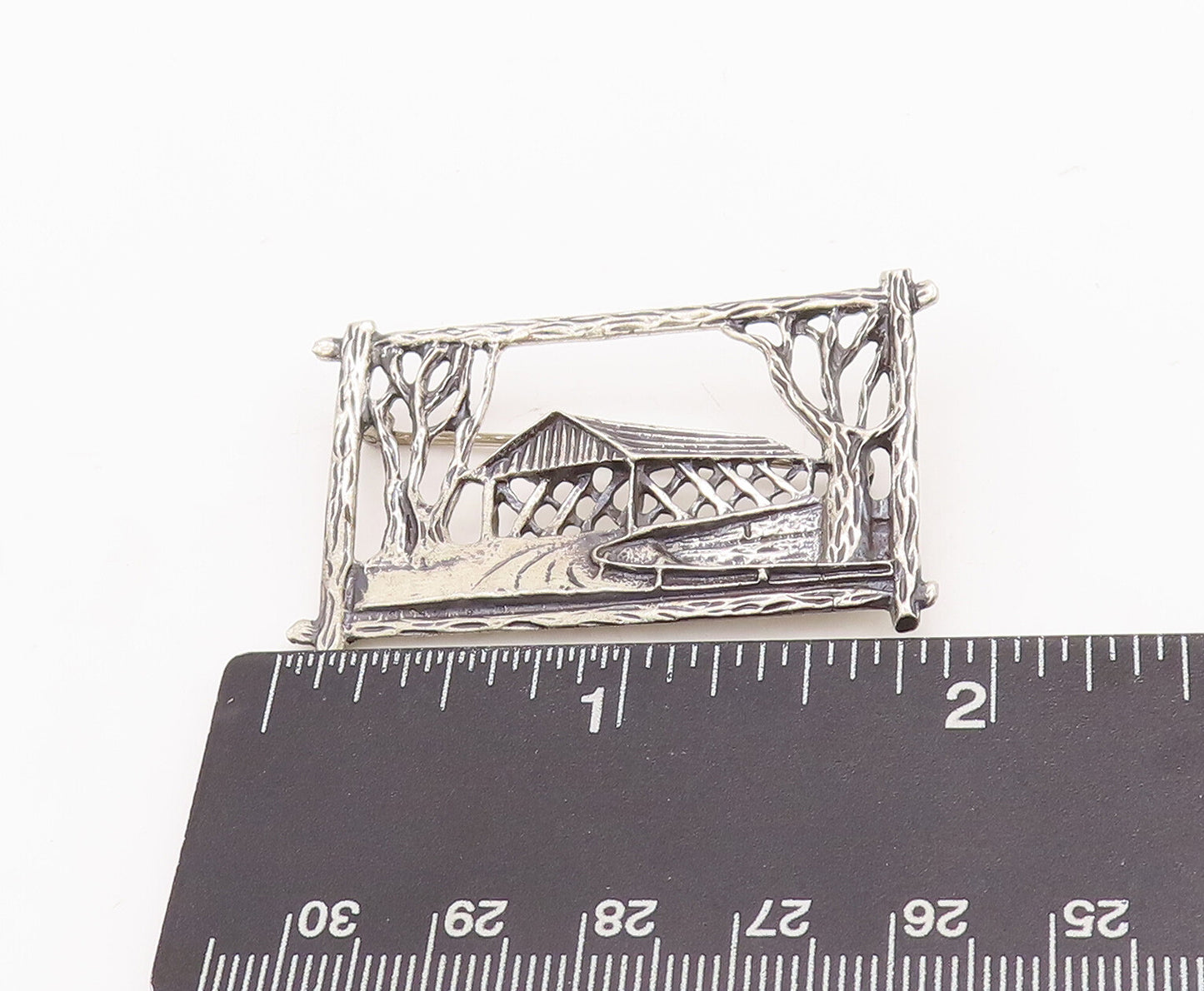 925 Sterling Silver Vintage Brooch Pin BEAU Cutout County House  BP11138