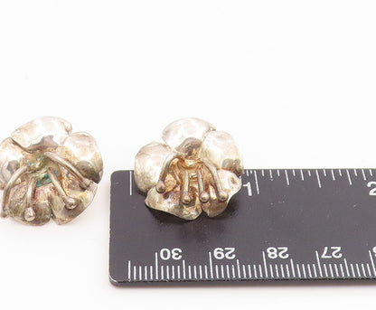 14k Gold & 925 Sterling Silver Vintage Earrings Modernist Floral Studs  EG13811