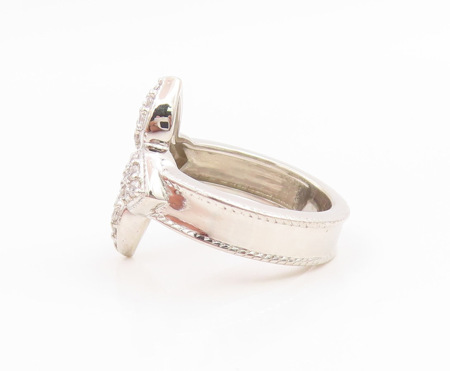 925 Sterling Silver Vintage Ring Modernist CZ Floral Petal Band  Sz 5  RG35624