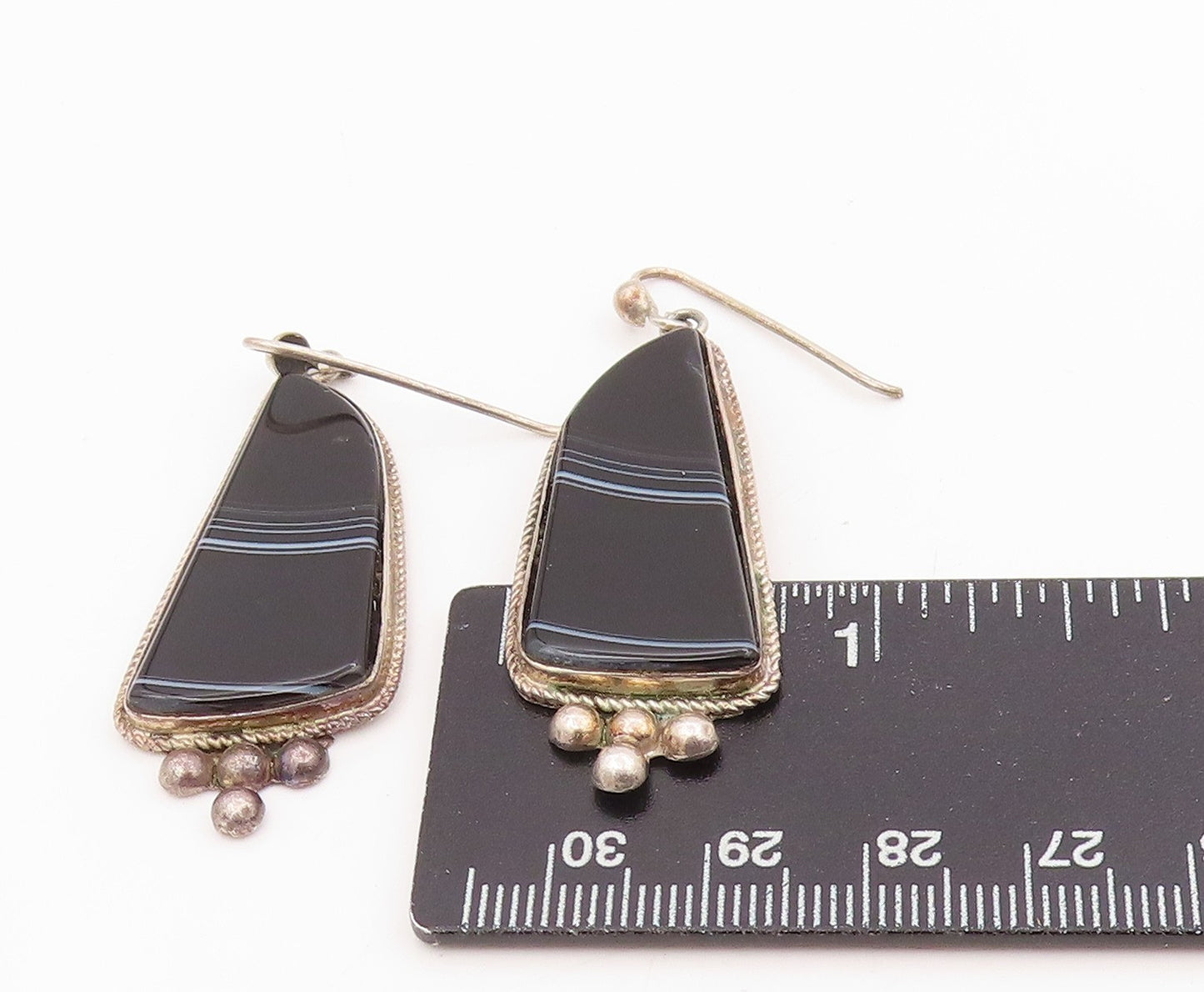 925 Sterling Silver Vintage Earrings Black Agate Beaded Geometric Dangle EG14000