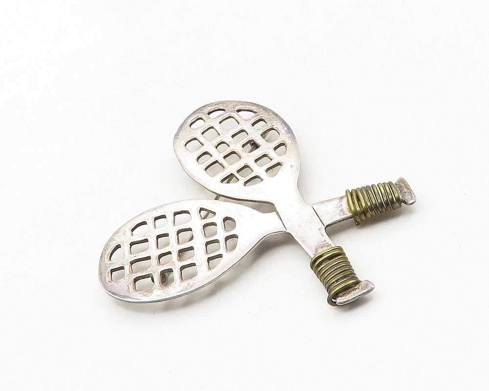 MEXICO 925 Sterling Silver  Vintage Tennis Rackets Sports Brooch Pin  BP4120