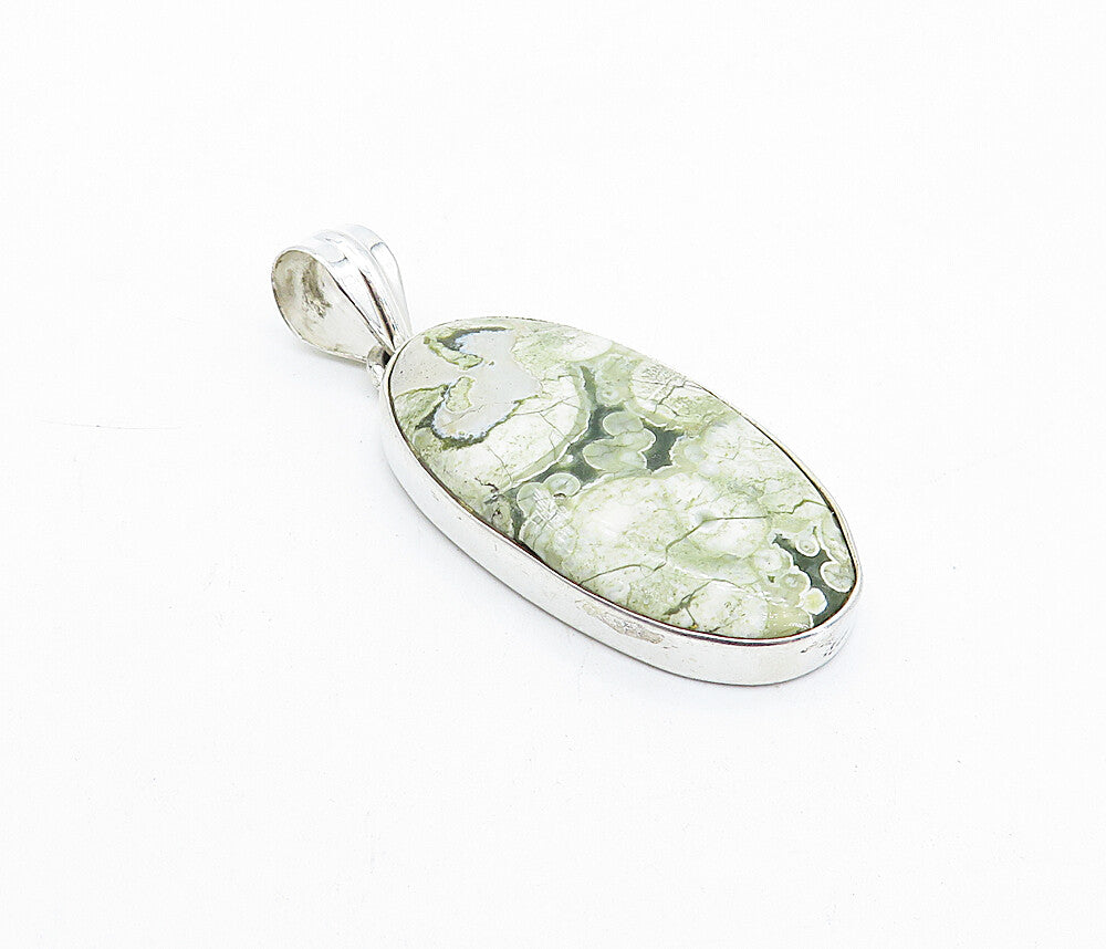 925 Sterling Silver  Vintage Spotted Jasper Shiny Oval Drop Pendant  PT3078