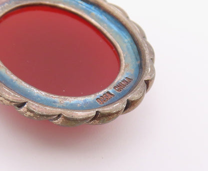 925 Sterling Silver Vintage Earrings Cabochon Carnelian Rope Edge Dangle EG14456