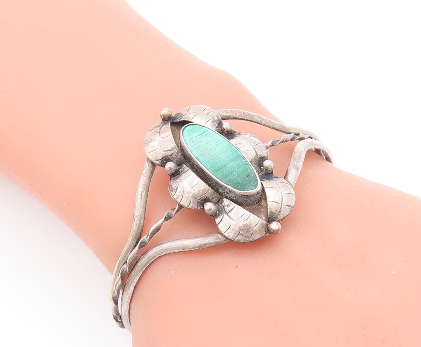 925 Sterling Silver Vintage Bracelet Oval Cut Malachite Floral Cuff  BT10661