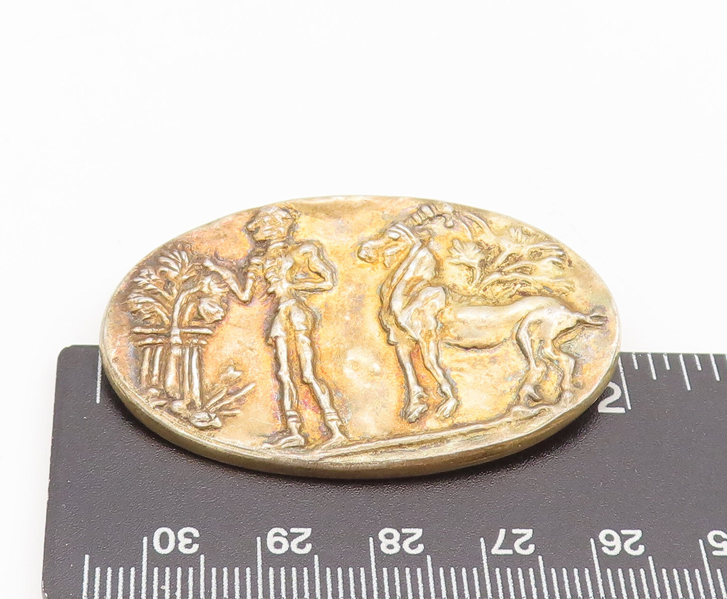 925 Sterling Silver  Vintage Carved Man Tree Horse Oval Brooch Pin  BP10341