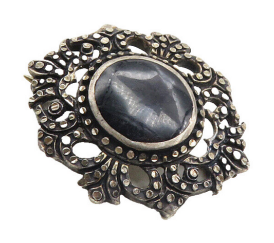 925 Sterling Silver  Vintage Inlaid Black Onyx Floral Brooch Pin  BP3649