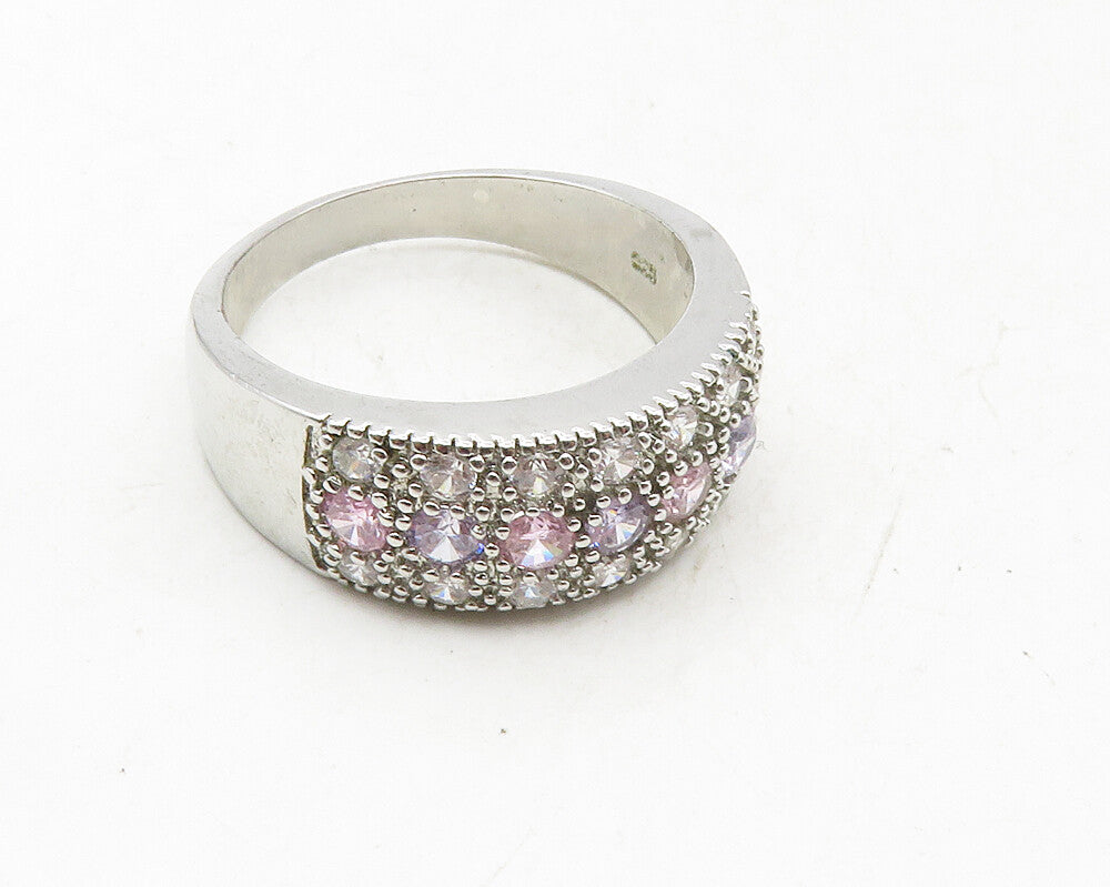 925 Sterling Silver  Pink & White Topaz Three Row Band Ring Sz 10.5  RG9940