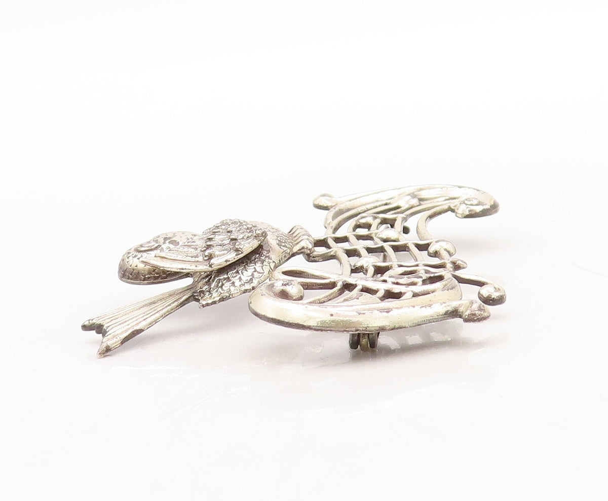 925 Sterling Silver Vintage Brooch Pin LANG Chirping Bird Musical Note  BP11255