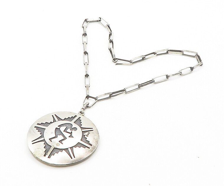 NAVAJO 925 Silver  Vintage Kokopelli Dancer Bear Print Chain Necklace  NE2976