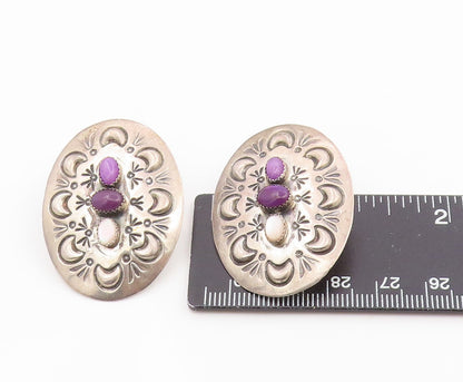 925 Sterling Silver Vintage Earrings NAVAJO Amethyst & Moonstone Concho  EG14355