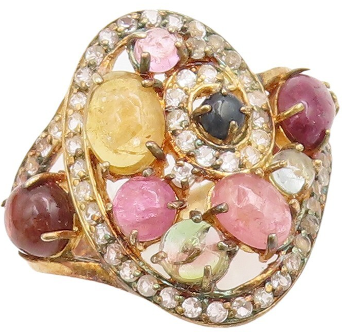925 Sterling Silver Vintage Ring Gold Plated Cabochon Gemstone  Sz 8  RG30720
