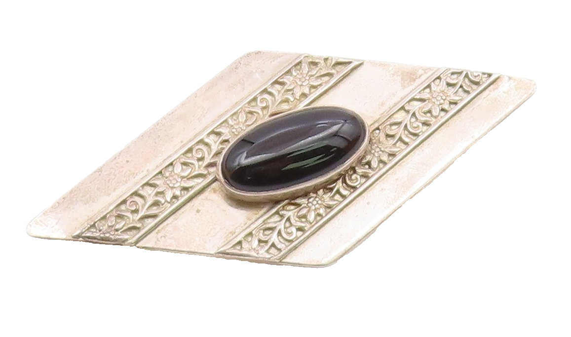 ISRAEL 925 Sterling Silver  Vintage Black Onyx Floral Detail Brooch Pin BP7120