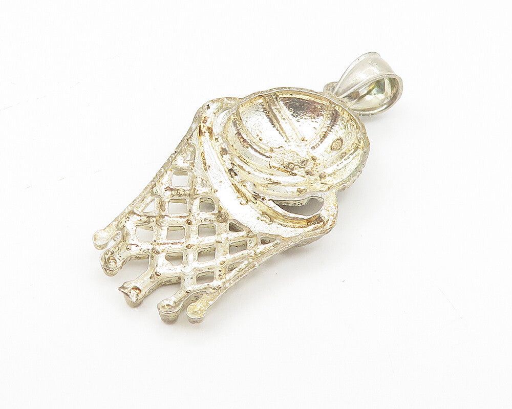 925 Sterling Silver  Vintage Diamond Cut Basketball & Hoop Pendant  PT9140