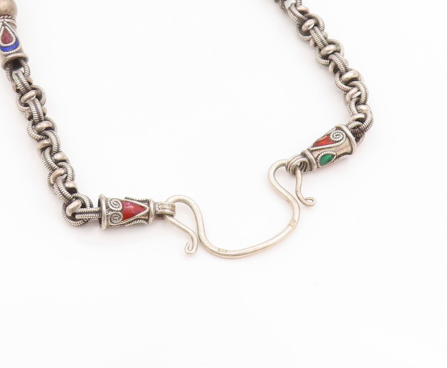 925 Sterling Silver Vintage Necklace Enamel Beaded Bohemian Tribal Chain  NE4722