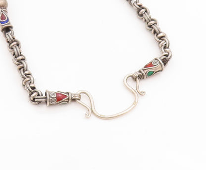 925 Sterling Silver Vintage Necklace Enamel Beaded Bohemian Tribal Chain  NE4722