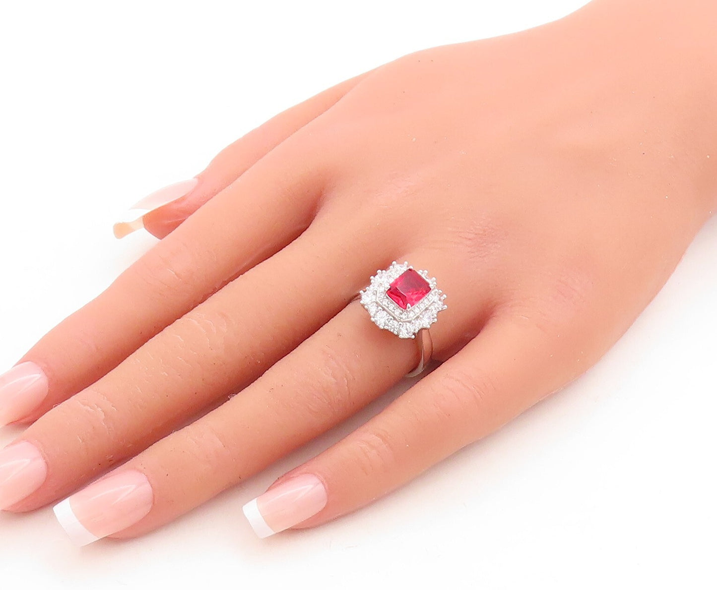 925 Sterling Silver Vintage Ring Rectangle Cut Red Beaded White CZ Sz 7  RG30119