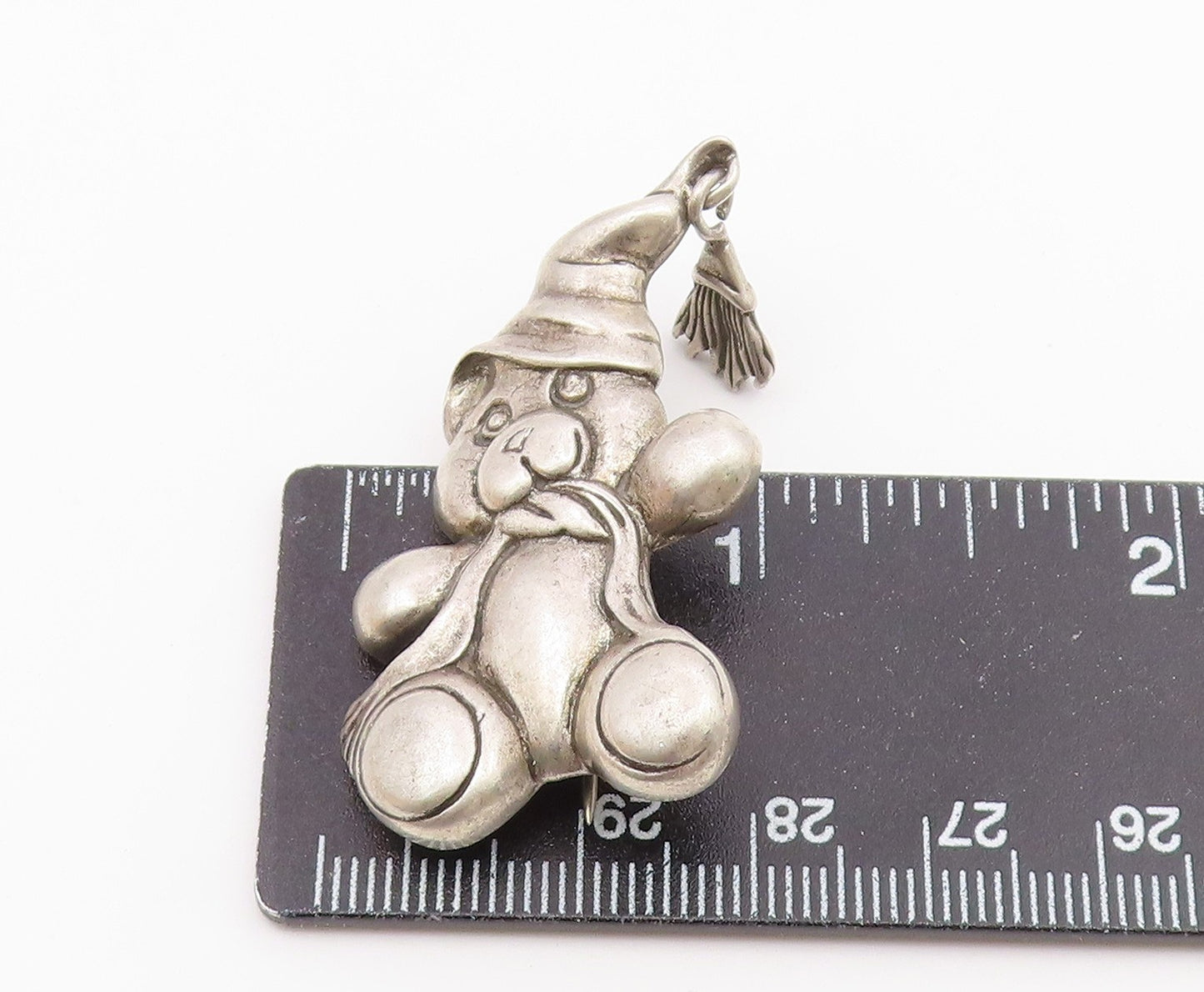 925 Silver  Vintage Carved Teddy Bear With Hat & Scarf Brooch Pin  BP9901