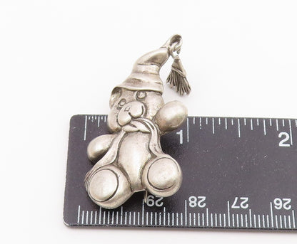 925 Silver  Vintage Carved Teddy Bear With Hat & Scarf Brooch Pin  BP9901