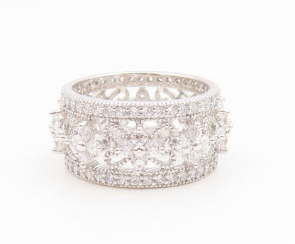 925 Sterling Silver Vintage Ring CZ Floral Openwork Eternity Band  Sz 8  RG35194