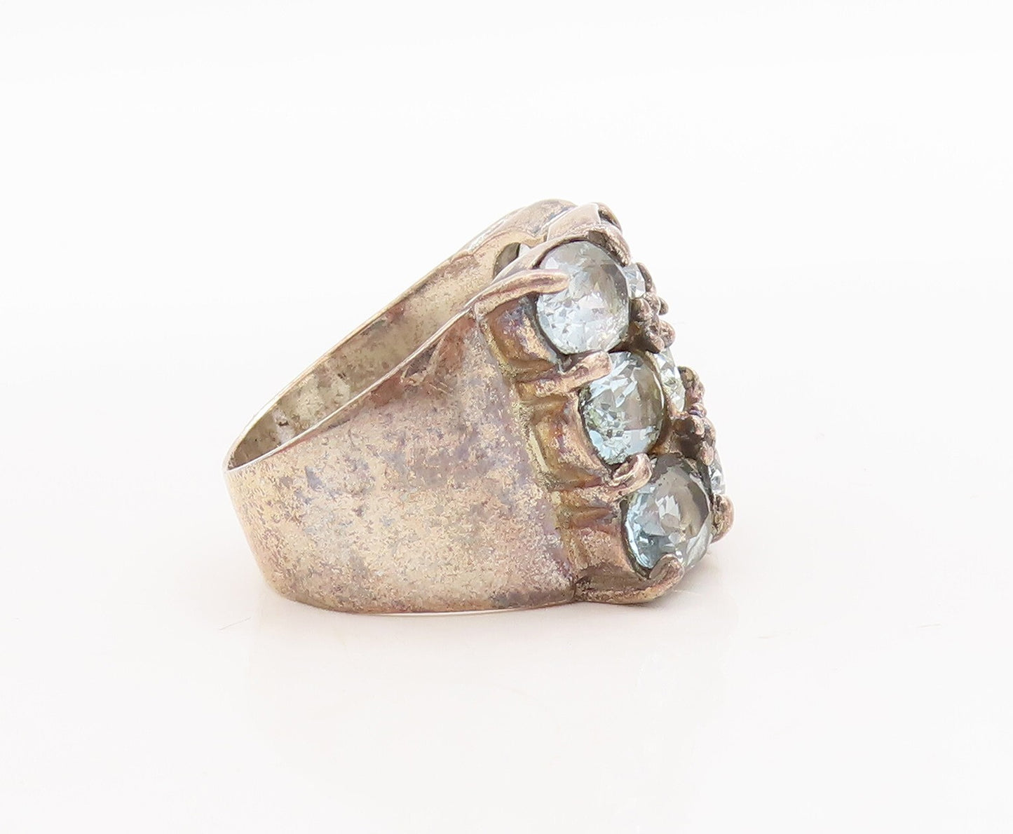 925 Sterling Silver Vintage Ring Broad Band Oval Blue Topaz Inlay  Sz 7  RG29645