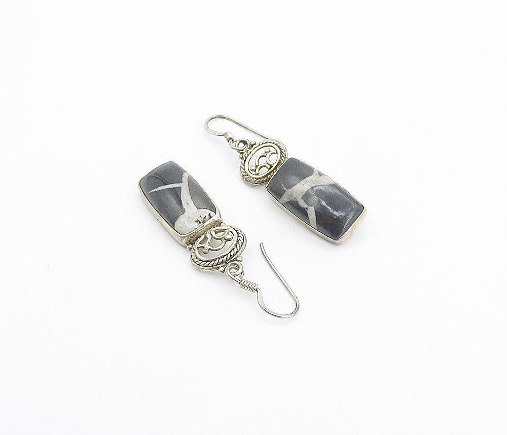 925 Sterling Silver  Vintage Cabochon Cut Jasper Square Drop Earrings  EG3522