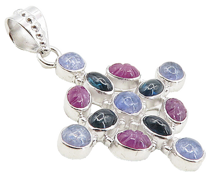 925 Sterling Silver  Cabochon Cut Amethyst & Topaz Cluster Pendant  PT6494