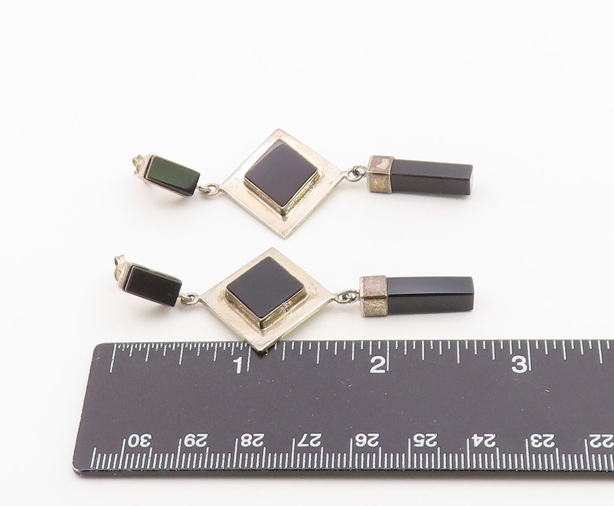 925 Sterling Silver Vintage Earrings MEXICO Black Onyx Geometric Dangle  EG14441