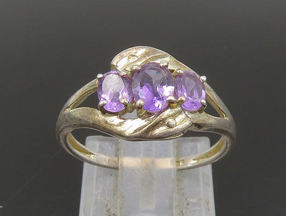925 Silver  Vintage Oval Amethyst Three Stone Split Shank Ring Sz 6  RG24247