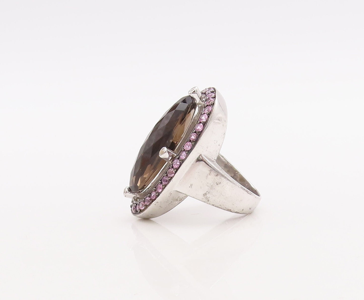 925 Sterling Silver Vintage Ring Pink CZ & Oval Cut Smoky Quartz Sz 7  RG29841