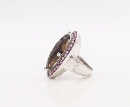 925 Sterling Silver Vintage Ring Pink CZ & Oval Cut Smoky Quartz Sz 7  RG29841