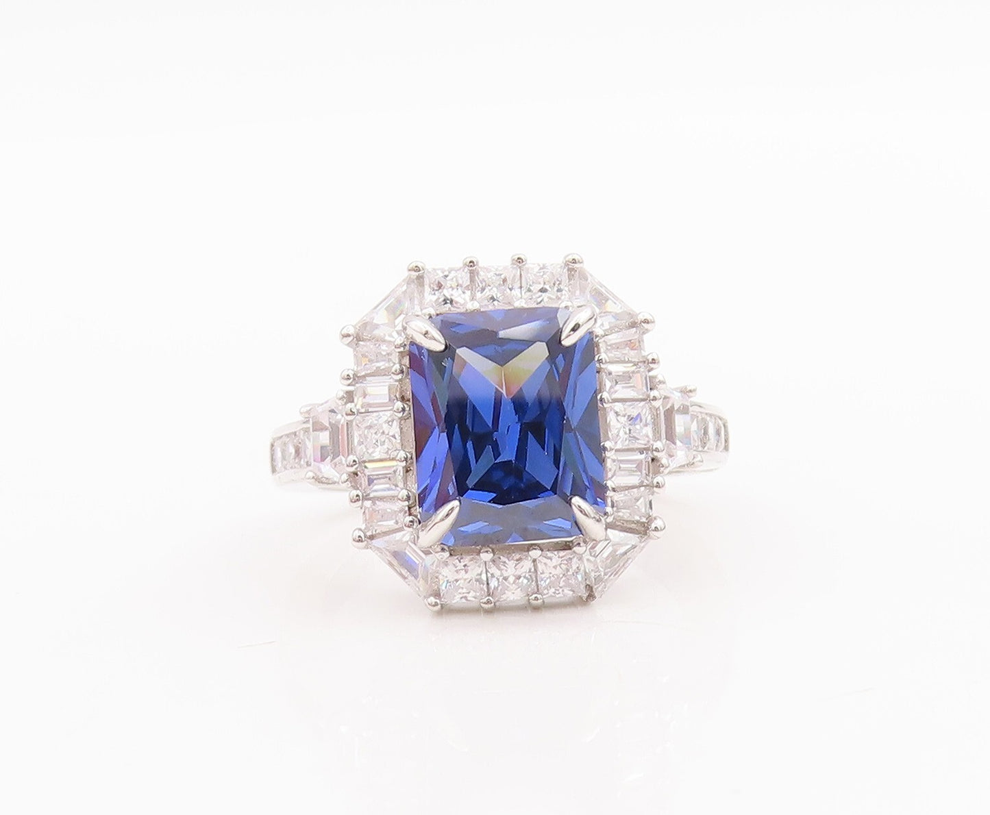 925 Sterling Silver Vintage Ring Rectangle Sapphire Halo CZ  Sz 7.5  RG29041