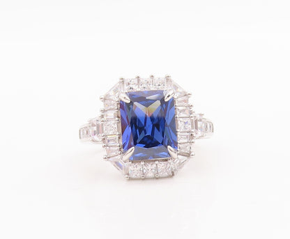 925 Sterling Silver Vintage Ring Rectangle Sapphire Halo CZ  Sz 7.5  RG29041
