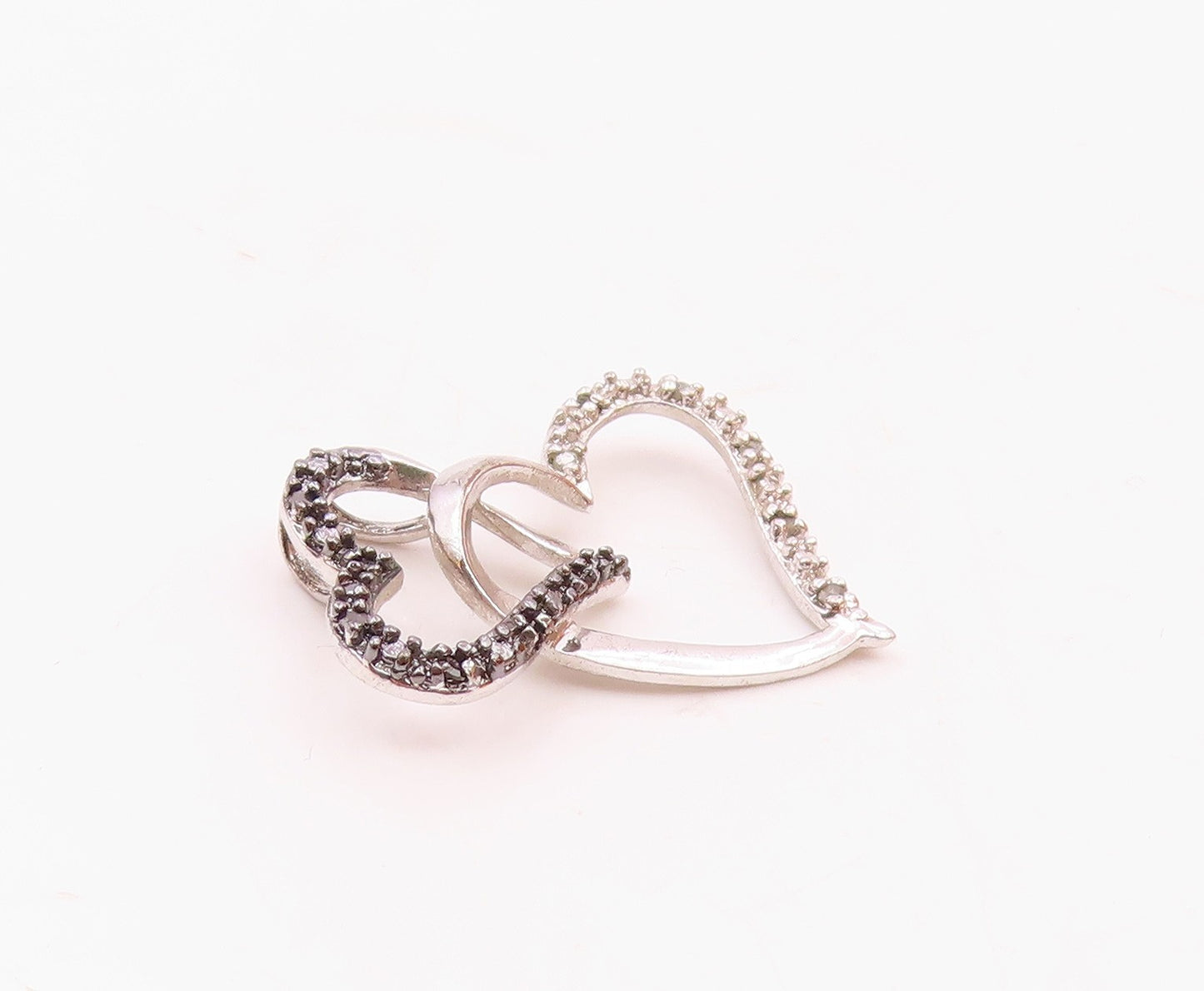 925 Silver Vintage Interlocking Love Hearts Genuine Diamonds Pendant PT20564