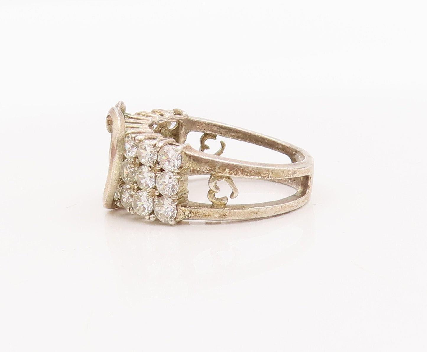 925 Sterling Silver Vintage Ring Round Topaz Beaded Carved Heart  Sz 9  RG29125