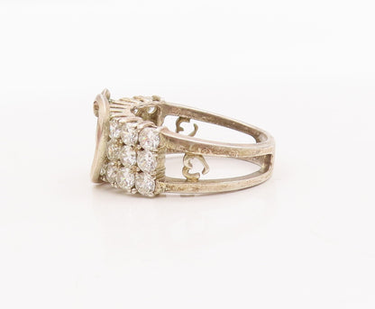 925 Sterling Silver Vintage Ring Round Topaz Beaded Carved Heart  Sz 9  RG29125