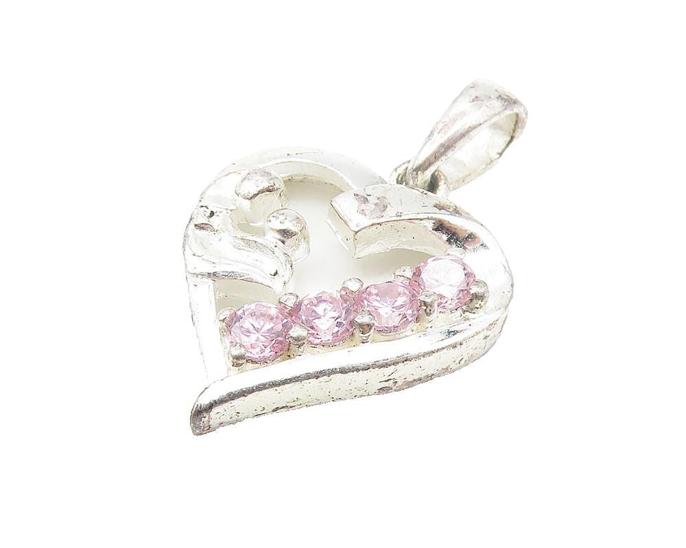 925 Sterling Silver  Petite Pink Topaz Mom & Baby Love Heart Pendant  PT8837