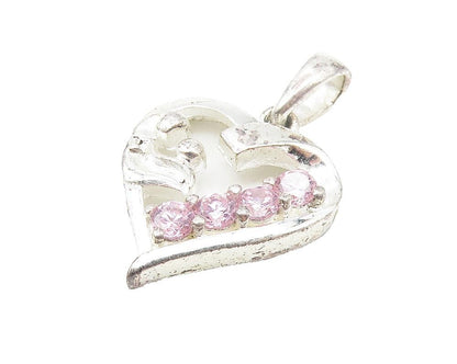 925 Sterling Silver  Petite Pink Topaz Mom & Baby Love Heart Pendant  PT8837