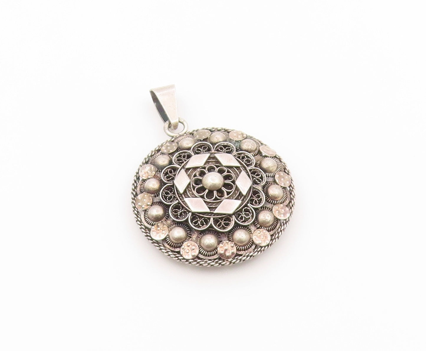 925 Sterling Silver Vintage Pendant Intricate Filigree Geometric Medal  PT26462