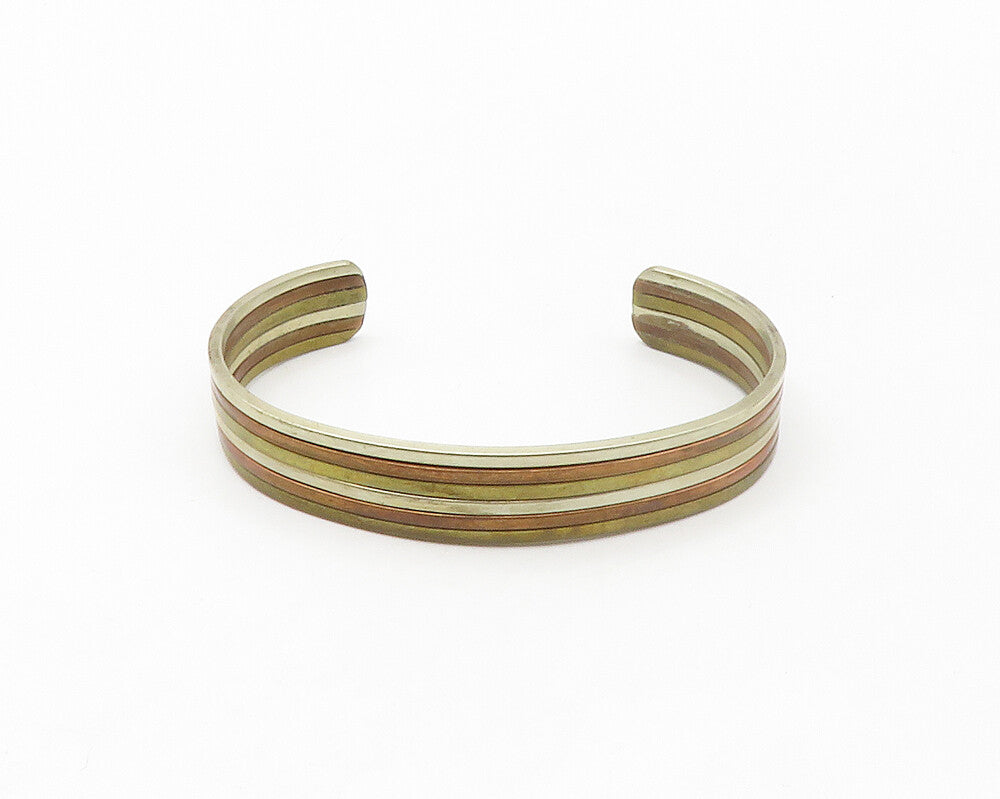 925 Sterling Silver  Vintage Shiny Three Tone Striped Cuff Bracelet  BT6708