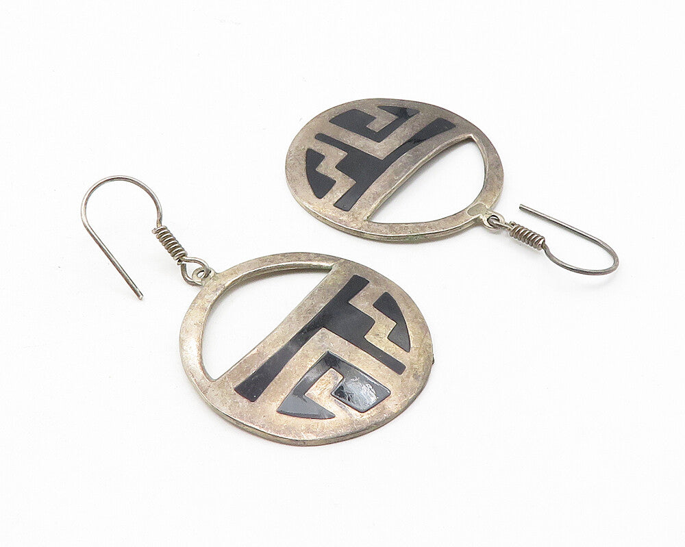 MEXICO 925 Sterling Silver  Vintage Black Onyx Pattern Dangle Earrings  EG5636