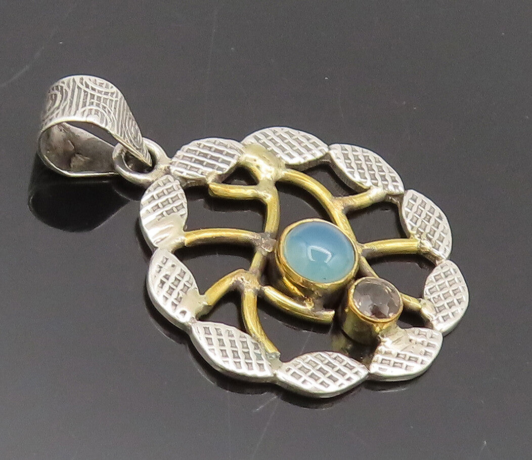 925 Silver  Vintage Round Leaf Designer Larimar Smokey Quartz Pendant  PT22314