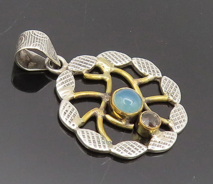 925 Silver  Vintage Round Leaf Designer Larimar Smokey Quartz Pendant  PT22314