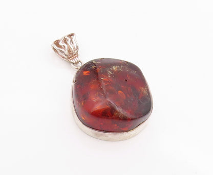 925 Sterling Silver Vintage Pendant Large Amorphas Cabochon Honey Amber  PT24359
