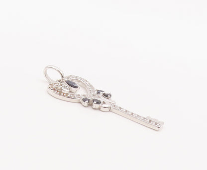 925 Sterling Silver Vintage Pendant Carved Topaz & Sapphire Inlay Key  PT22643