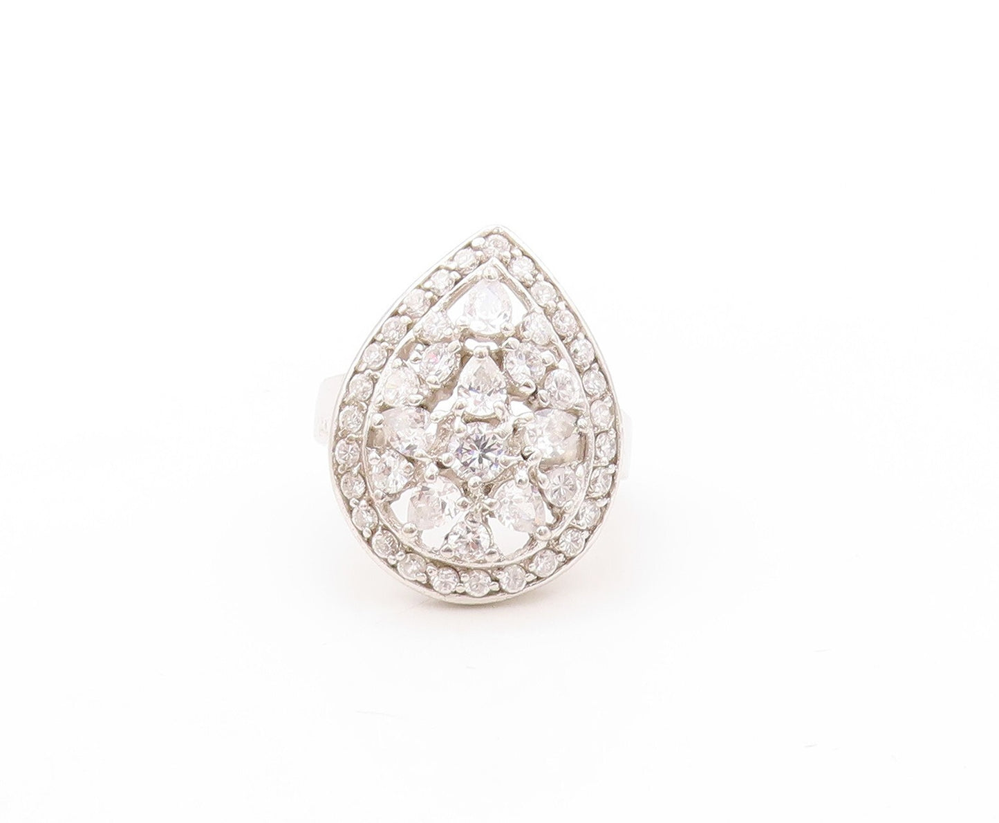 925 Sterling Silver Vintage Ring Designer Drop Cutout CZ Inlay  Sz 6  RG31074