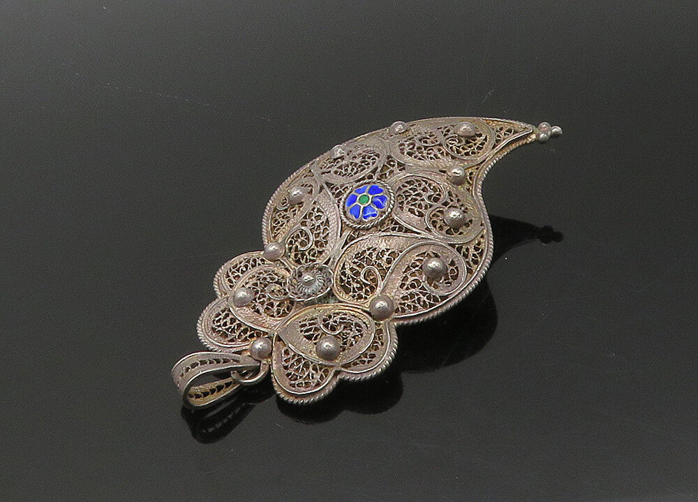 925 Sterling Silver  Vintage Enamel Floral Detail Filigree Pendant  PT17823