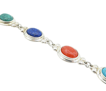 C. CO 925 Silver  Lapis Lazuli Turquoise & Coral Shiny Chain Bracelet  BT3000