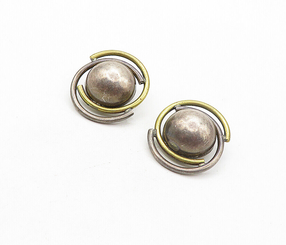 MEXICO 925 Sterling Silver  Vintage Two Tone Dome Non Pierce Earrings  EG3838