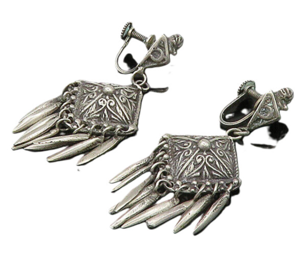 925 Sterling Silver  Vintage Heavy Swirl Non Pierce Dangle Earrings  EG10746
